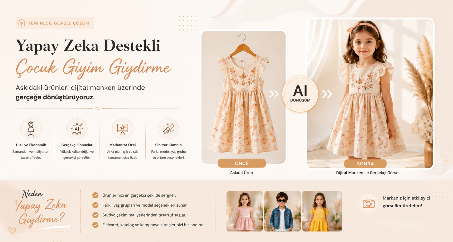 Yapay Zeka Destekli Çocuk Giyim Giydirme Çocuk Giyim Fotoğrafçılığı ve yapay zeka destekli dijital manken giydirme çalışması
